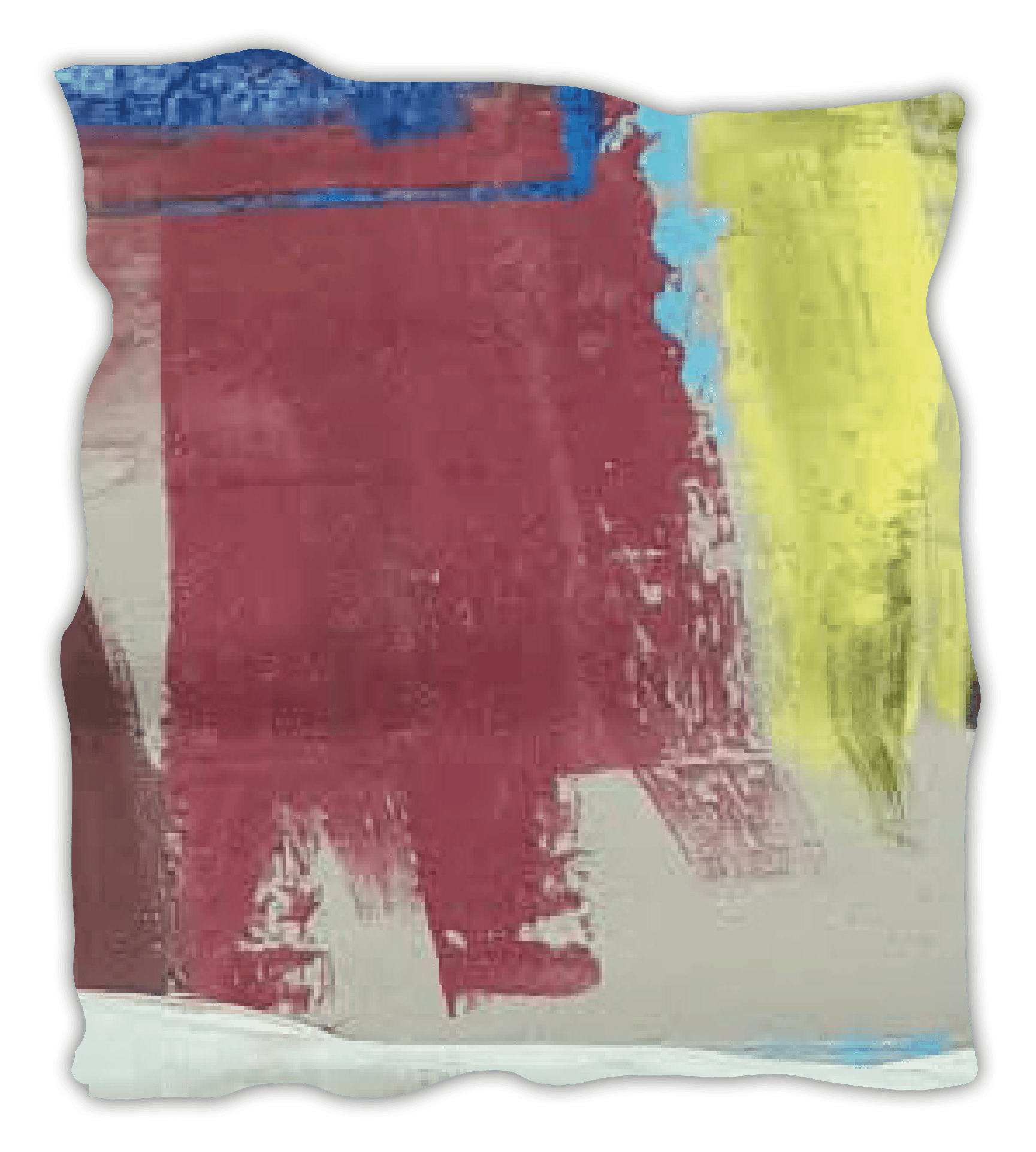 Abstraktes Acrylgemälde von Peter Burchia in Weinrot, Blau, Hellblau und Gelb mit gerissenen Rändern